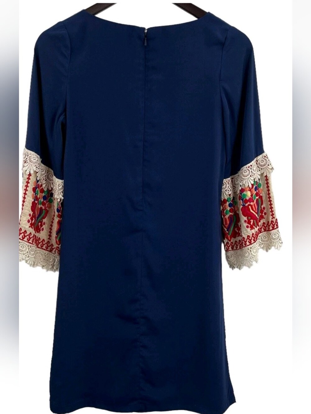 Judith March Navy Dress with Embroidered Lace Bell Sleeves